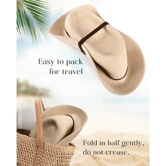 WOMENS SUMMER STRAW SUN HATS WIDE BRIM PANAMA FEDORA BEACH HAT WITH WIND LANYARD main image 4